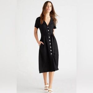 Quince Women's Black Linen Button Front Dress sz L Midi A-Line Belt Short Sleeve